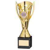 GOLD PLASTIC 'FLASH' CUP ON BLACK MARBLE ASSEMBLED TROPHY (1" CEN) - 8in